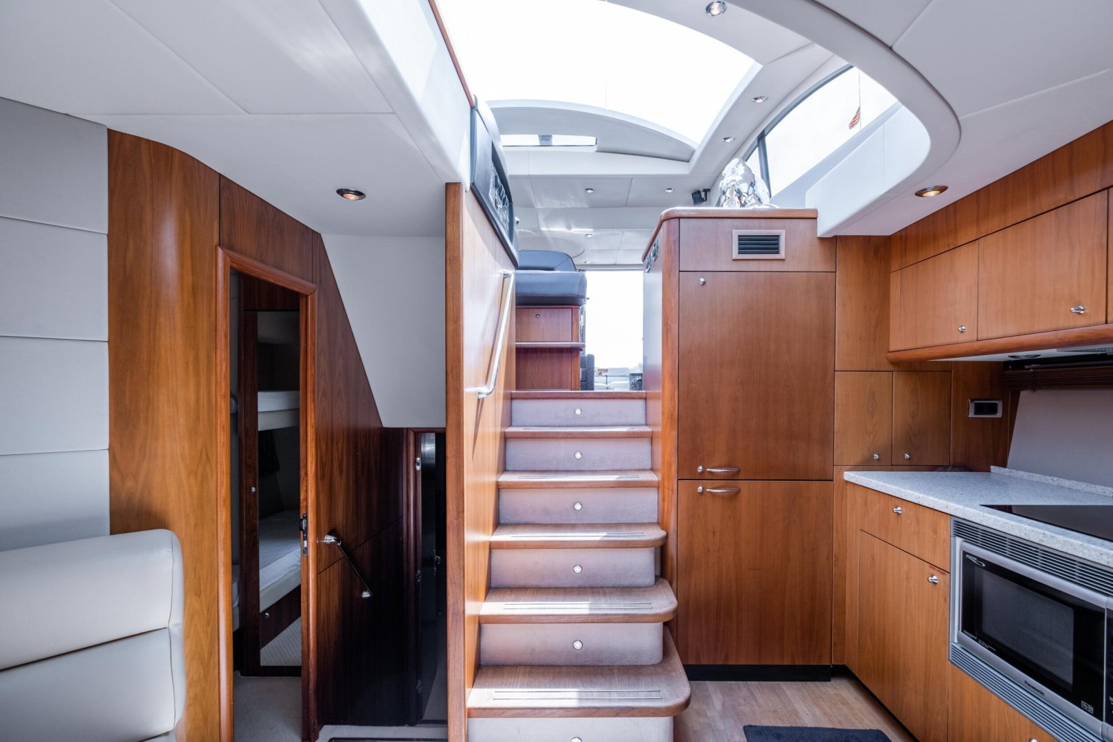Precision timber interior of a Sunseeker luxury yacht